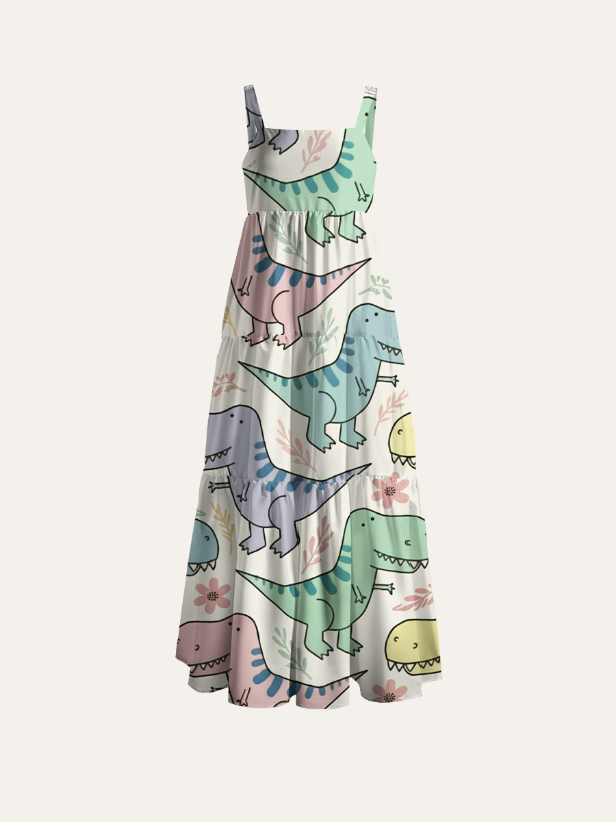 Minimalist Doodle Dinosaur Adjustable Wide Straps Maxi Dress
