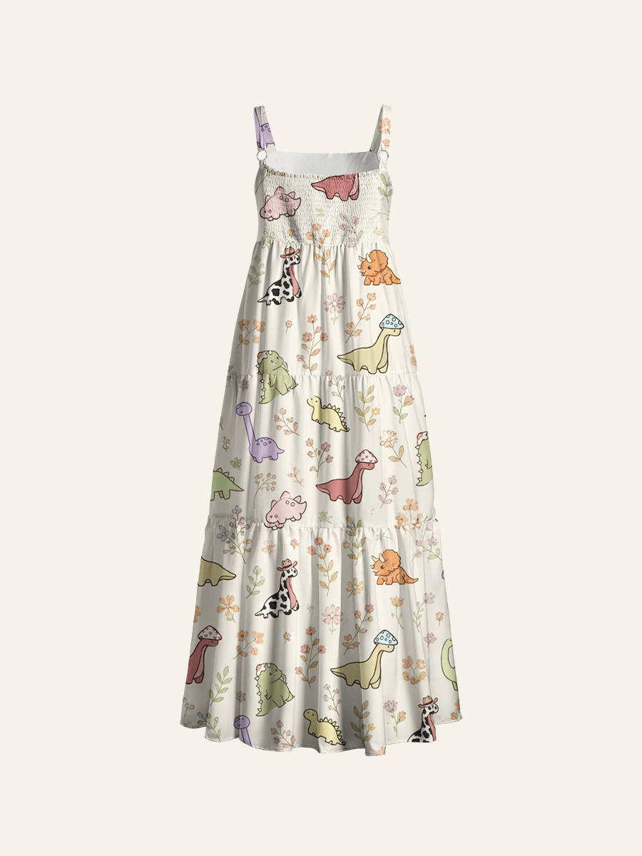 Whimsical Cottagecore Dino Adjustable Wide Straps Maxi Dress