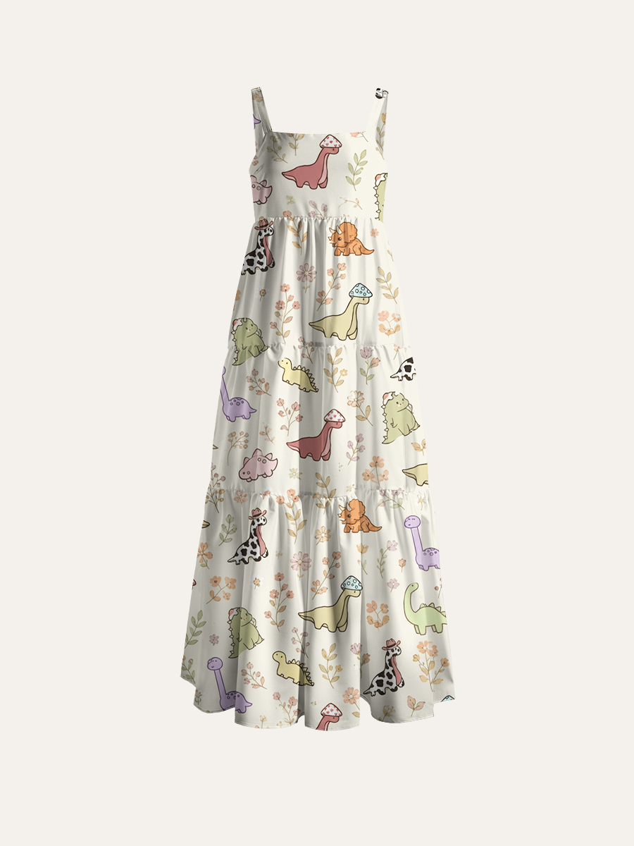 Whimsical Cottagecore Dino Adjustable Wide Straps Maxi Dress