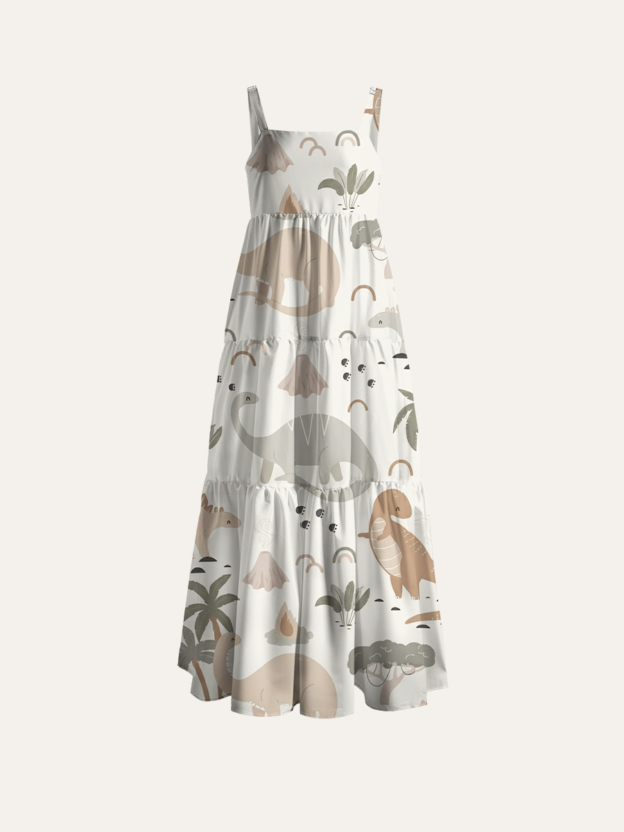 Whimsical Cottagecore Dino Adjustable Wide Straps Maxi Dress