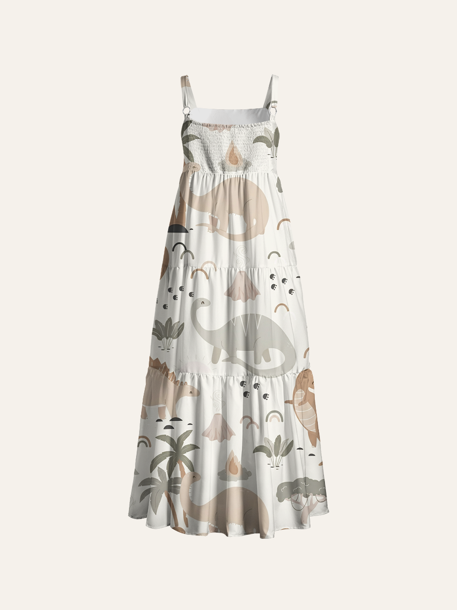 Whimsical Cottagecore Dino Adjustable Wide Straps Maxi Dress