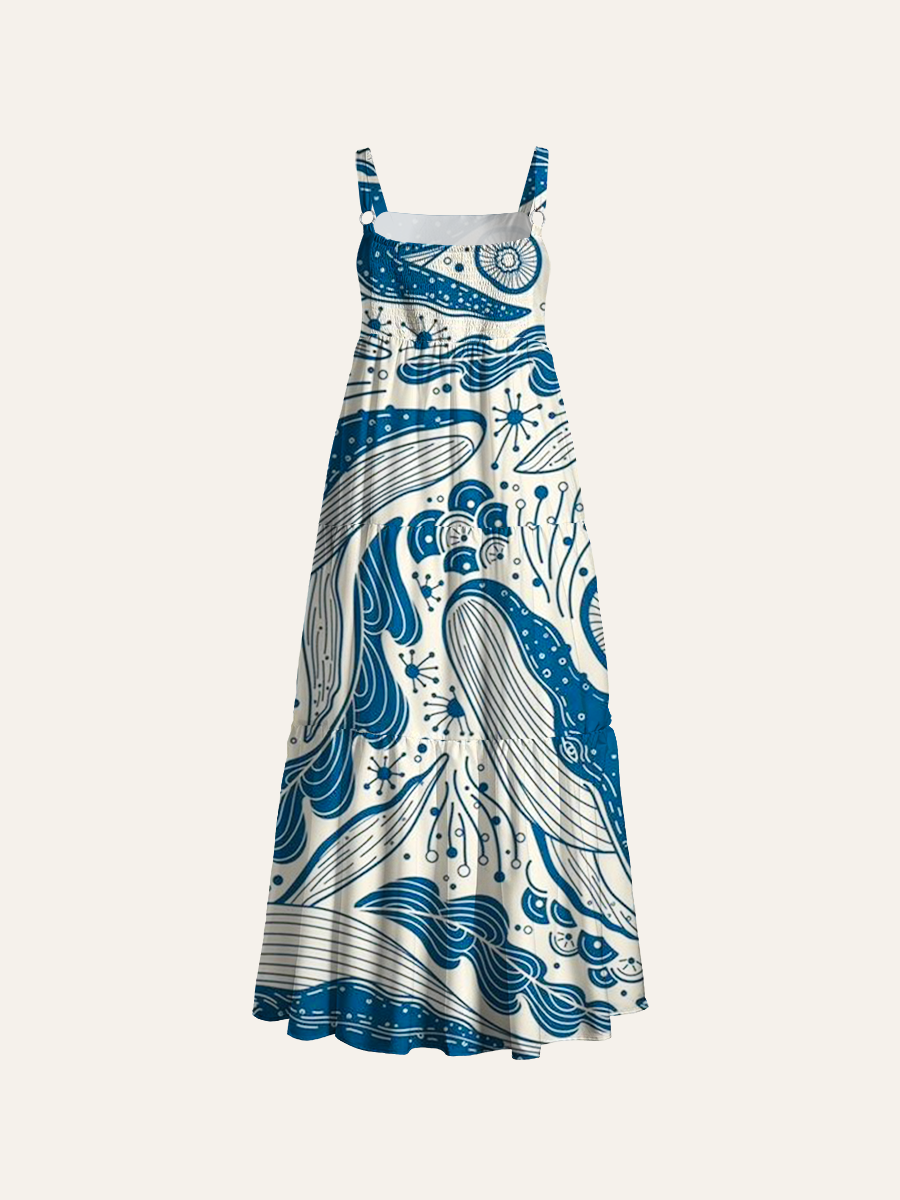 Indigo Whale Tribal Adjustable Wide Straps Maxi Dress