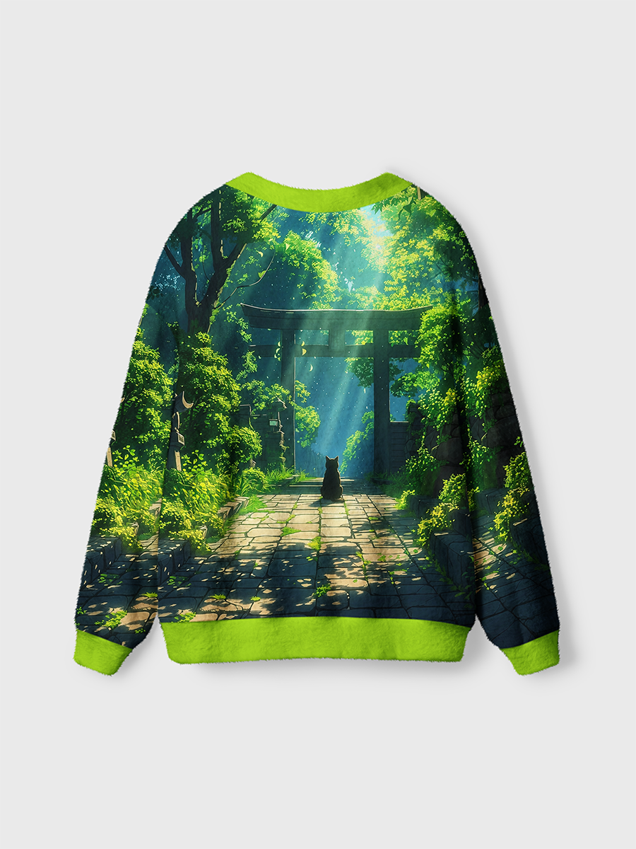 Vintage Black Cat At Torii Gate Sunlit Forest Cardigan Sweaters