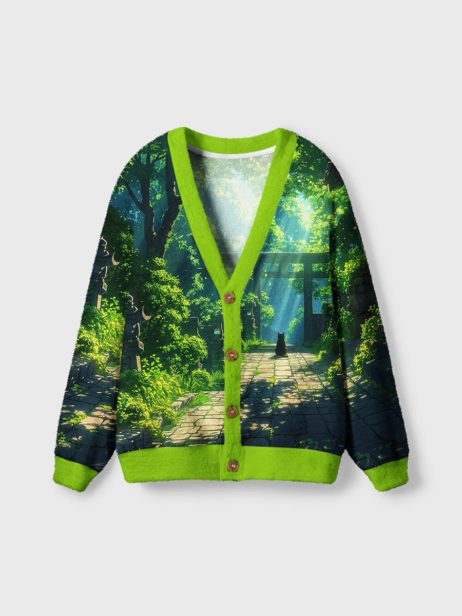 Vintage Black Cat At Torii Gate Sunlit Forest Cardigan Sweaters