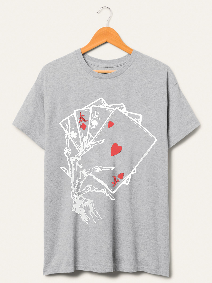 Vintage Skull Hand & Poker Card Print T-Shirt 