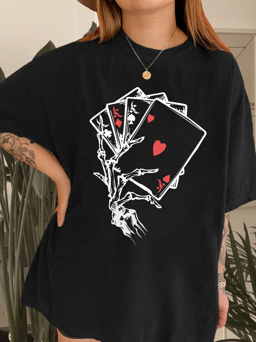 Vintage Skull Hand & Poker Card Print T-Shirt 