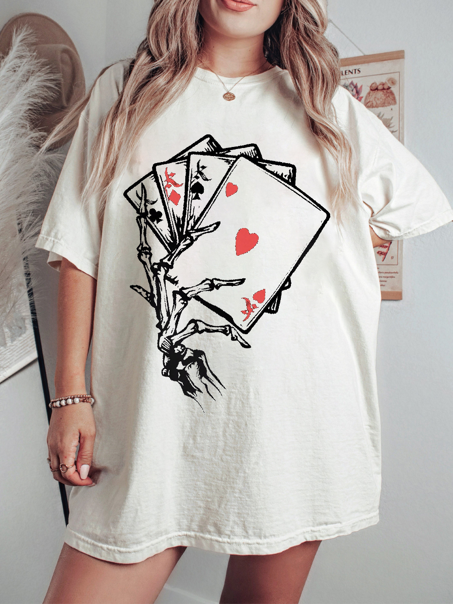 Vintage Skull Hand & Poker Card Print T-Shirt 