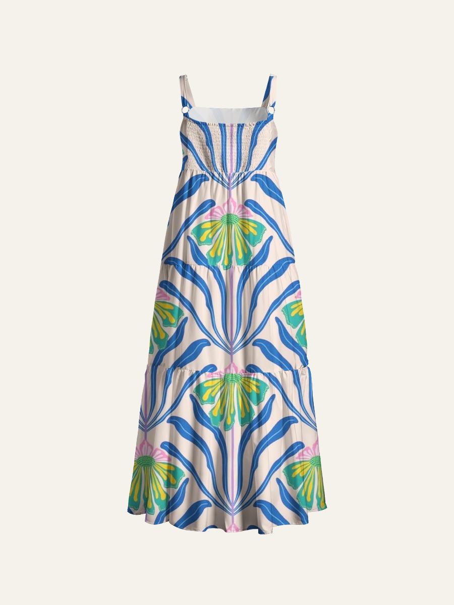 Modern Botanical Flower Adjustable Wide Straps Maxi Dress
