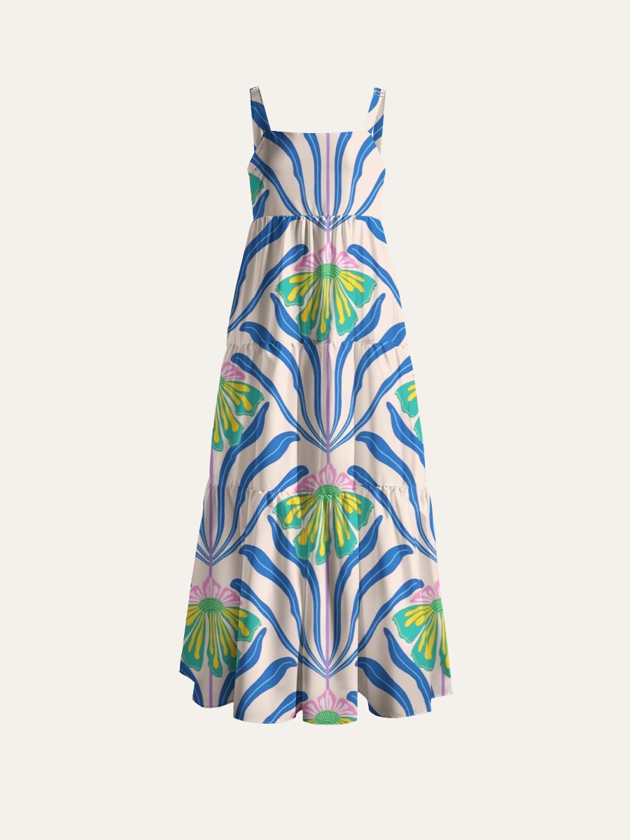 Modern Botanical Flower Adjustable Wide Straps Maxi Dress