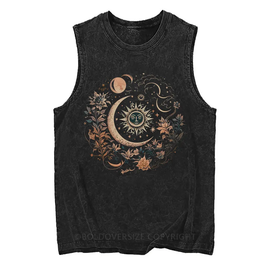 Vintage Mystic Moon And Sun Floral Washed Tank
