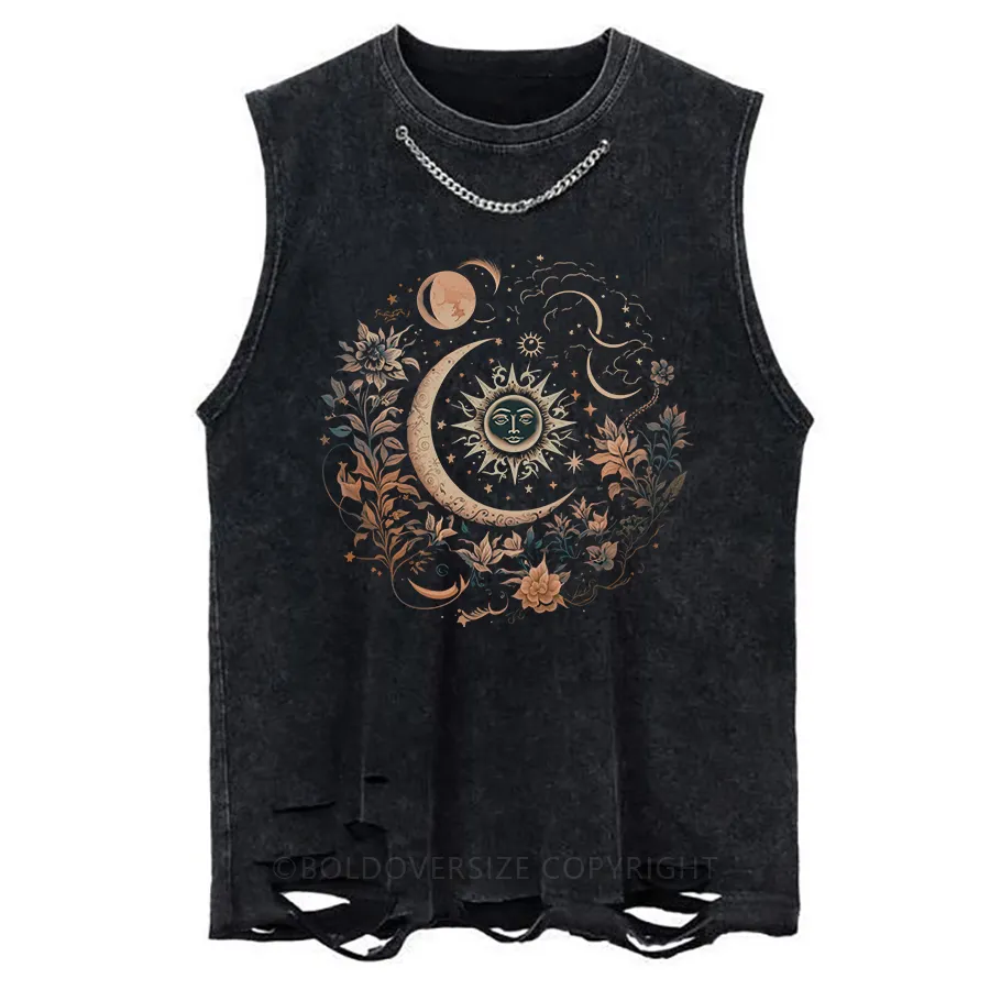 Vintage Mystic Moon And Sun Floral Washed Tank