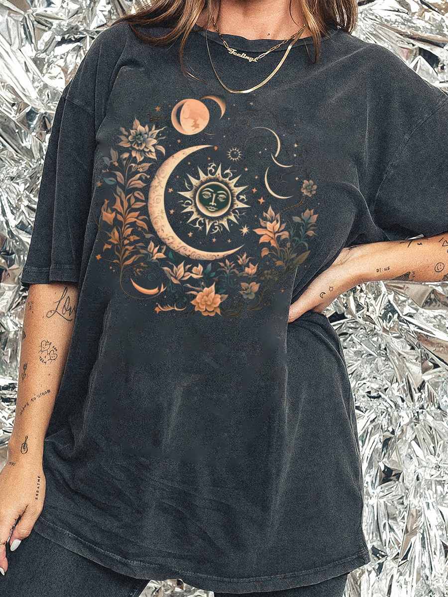 Mystic Moon And Sun Floral Washed T-Shirt