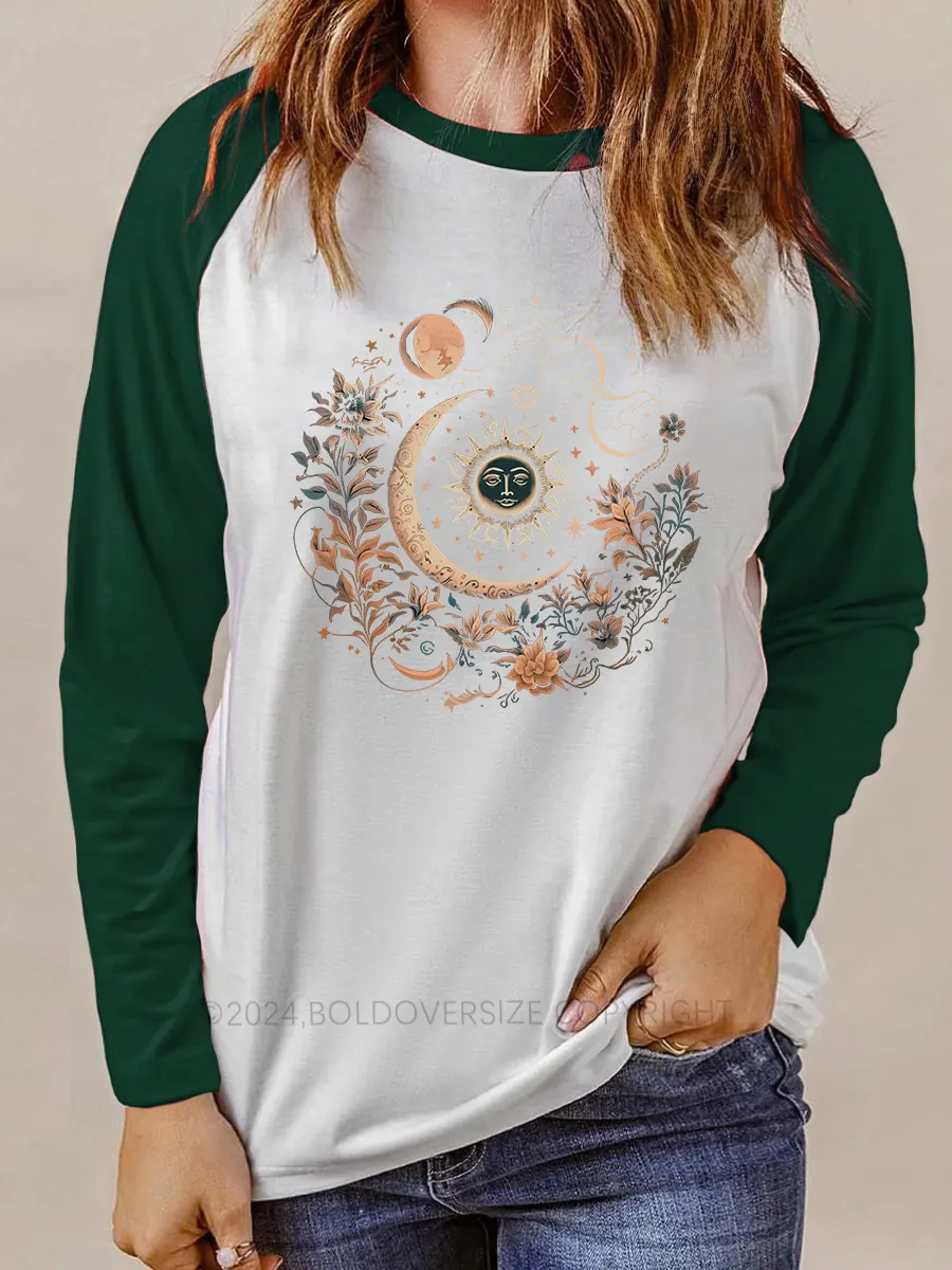 Vintage Mystic Moon And Sun Floral Raglan Long Sleeve T-Shirt
