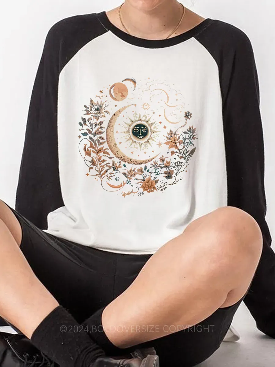 Vintage Mystic Moon And Sun Floral Raglan Long Sleeve T-Shirt