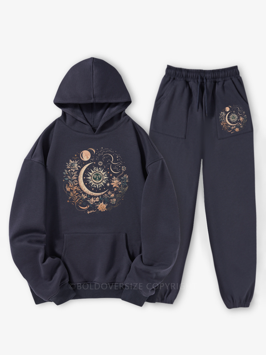 Vintage Mystic Moon And Sun Floral Hoodie Suit