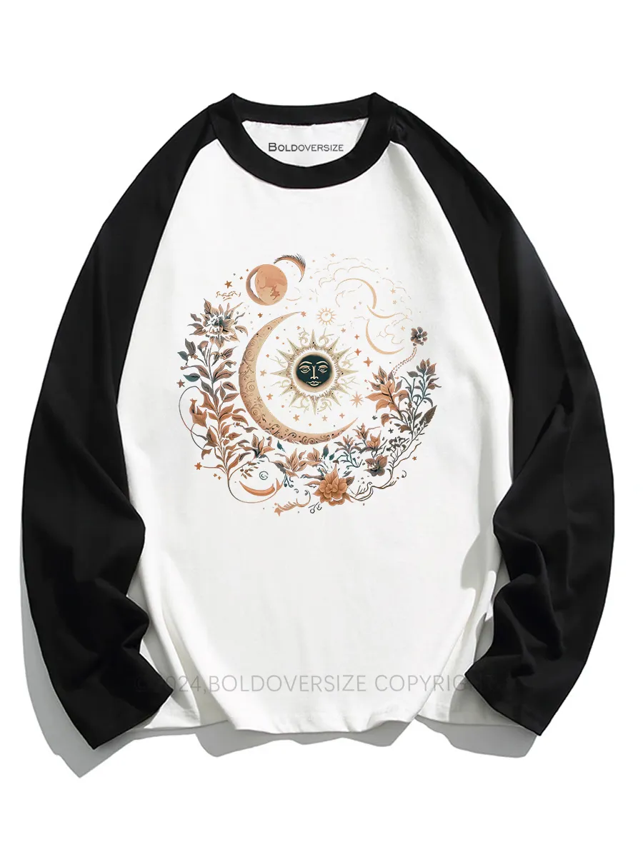 Vintage Mystic Moon And Sun Floral Raglan Long Sleeve T-Shirt