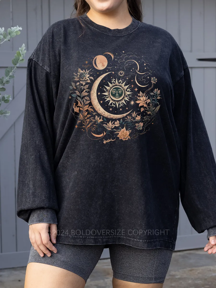 Vintage Mystic Moon And Sun Floral Washed Long Sleeve Shirt