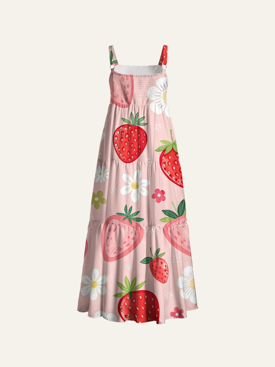 Summer Strawberry Adjustable Wide Straps Maxi Dress