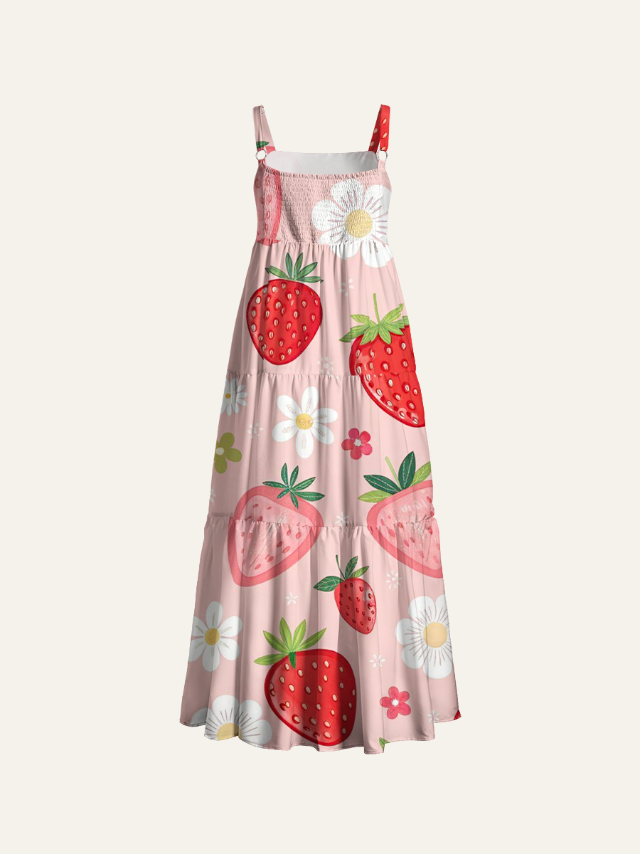 Summer Strawberry Adjustable Wide Straps Maxi Dress