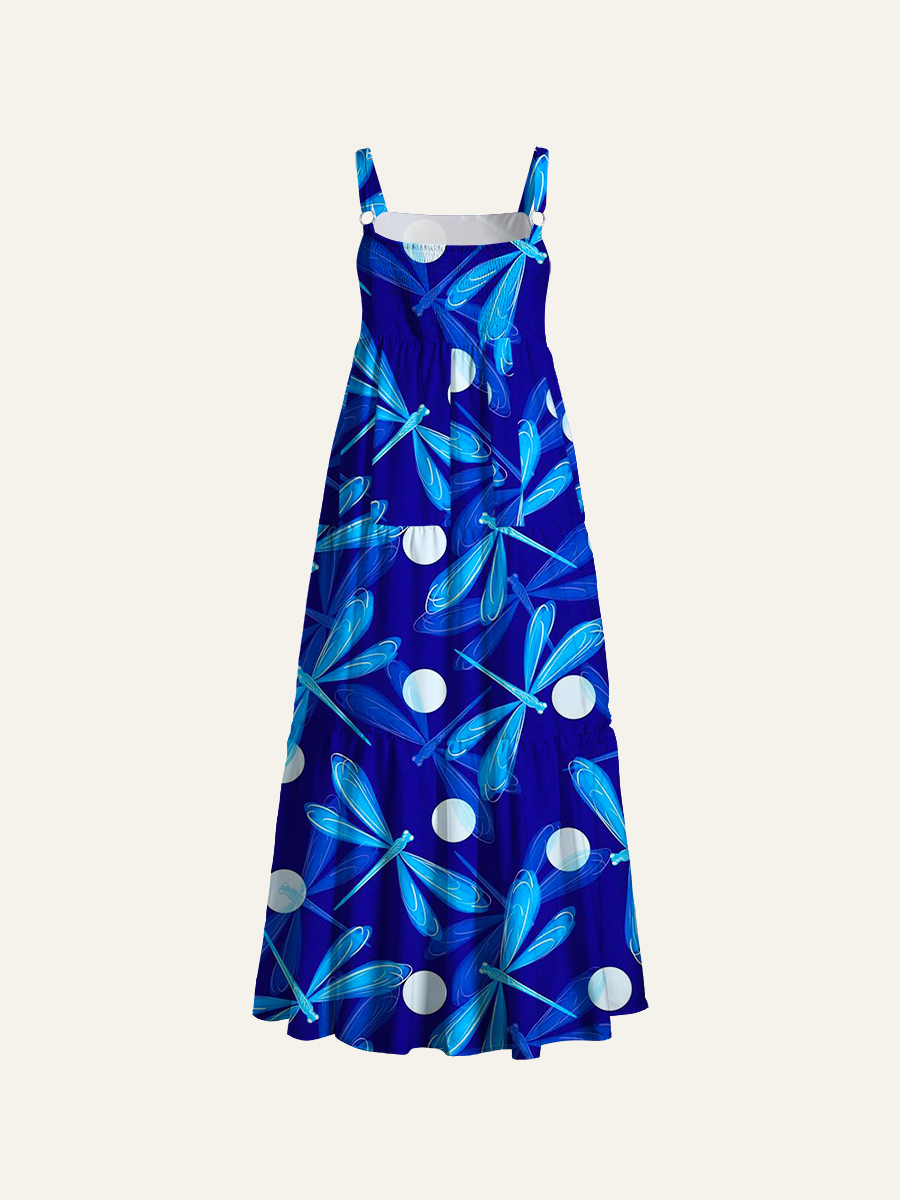 Blue Dragonfly Polka Dot Adjustable Wide Straps Maxi Dress