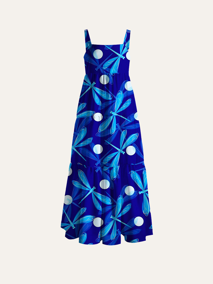 Blue Dragonfly Polka Dot Adjustable Wide Straps Maxi Dress