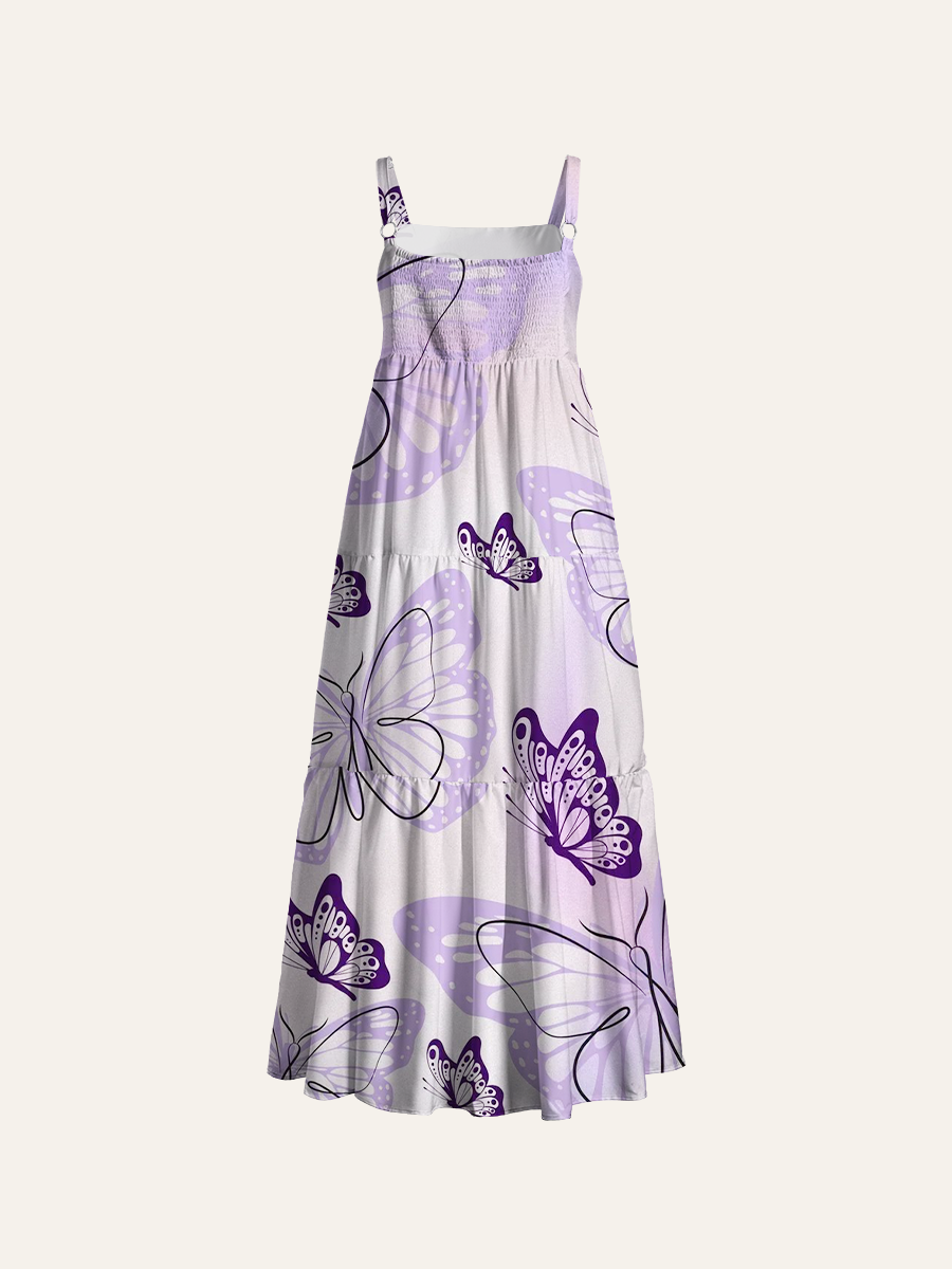 Whimsical Lavender Butterfly Adjustable Wide Straps Maxi Dress