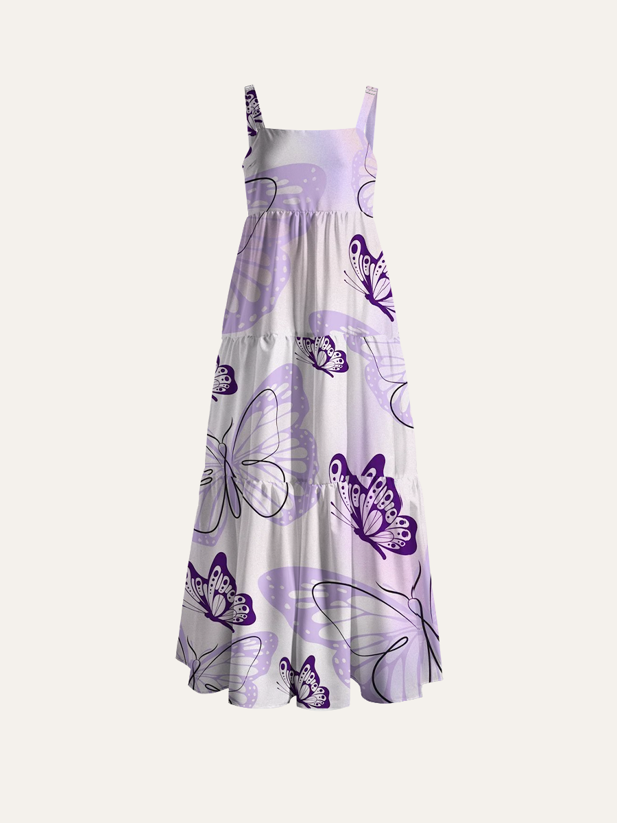 Whimsical Lavender Butterfly Adjustable Wide Straps Maxi Dress
