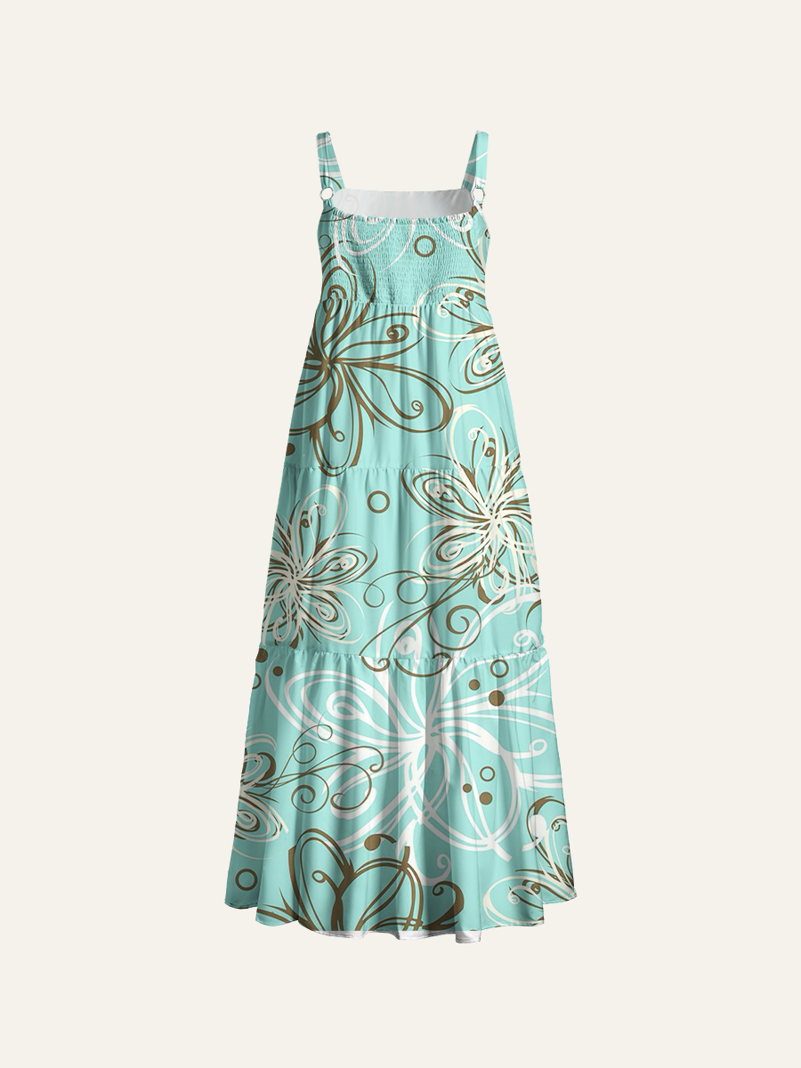 Mint Green Abstract Floral Adjustable Wide Straps Maxi Dress