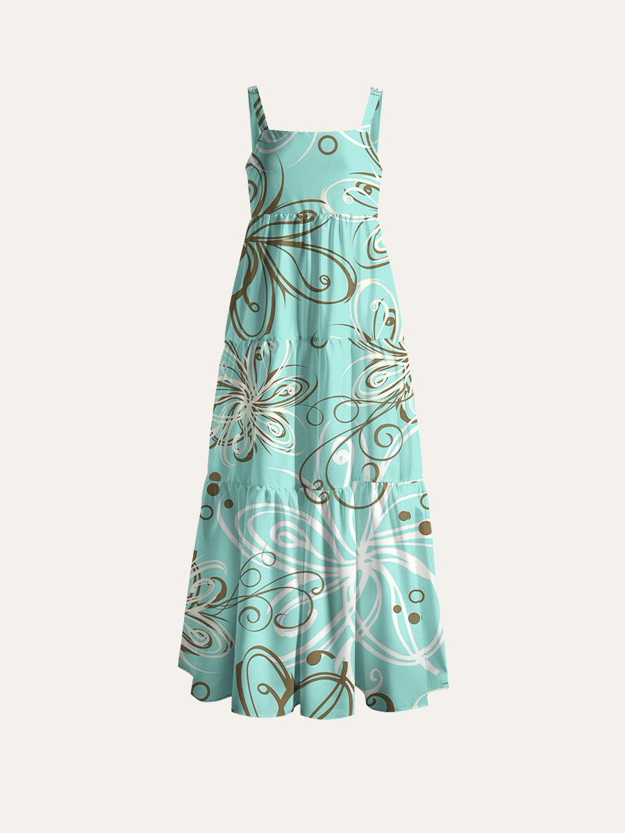 Mint Green Abstract Floral Adjustable Wide Straps Maxi Dress