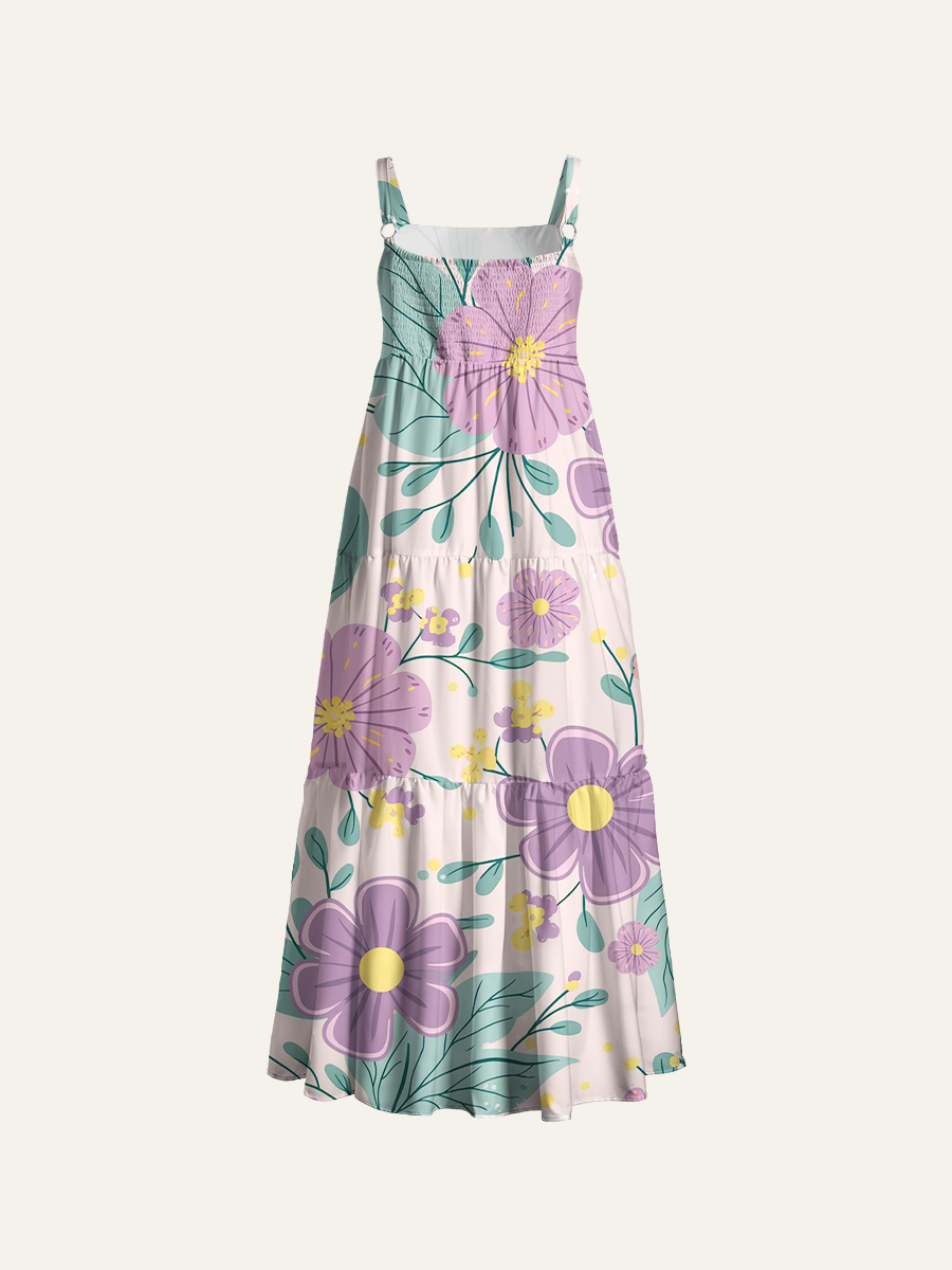 Pastel Purple and Pink Floral Adjustable Wide Straps Maxi Dress