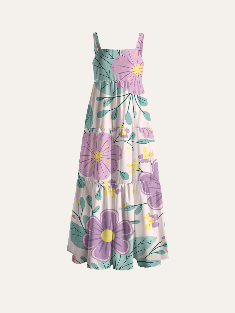 Pastel Purple and Pink Floral Adjustable Wide Straps Maxi Dress