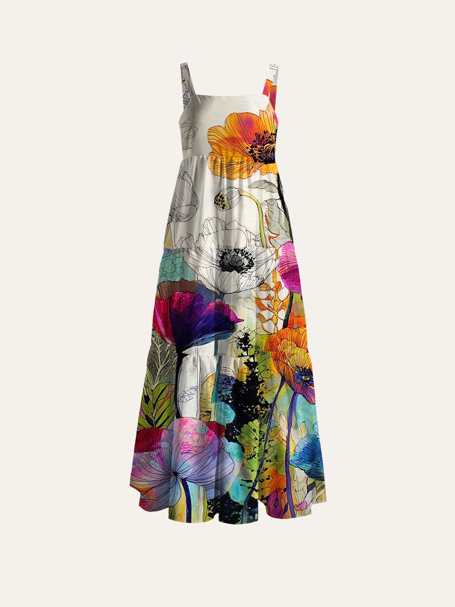 Watercolor Poppy Floral Adjustable Wide Straps Maxi Dress