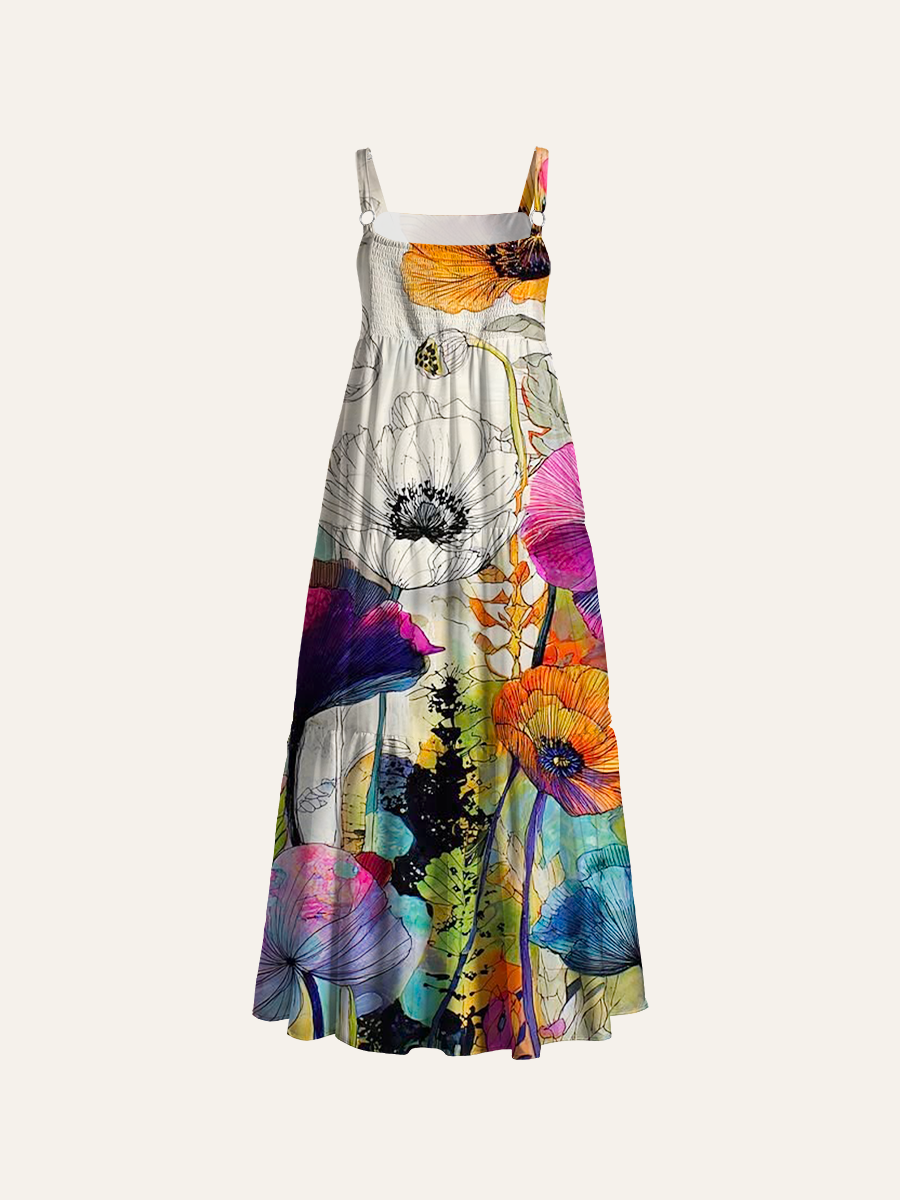 Watercolor Poppy Floral Adjustable Wide Straps Maxi Dress