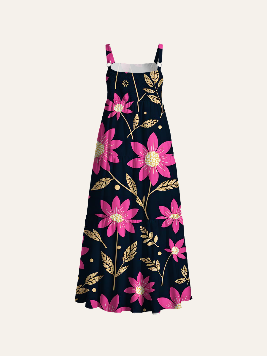 Elegant Pink Daisy Adjustable Wide Straps Maxi Dress