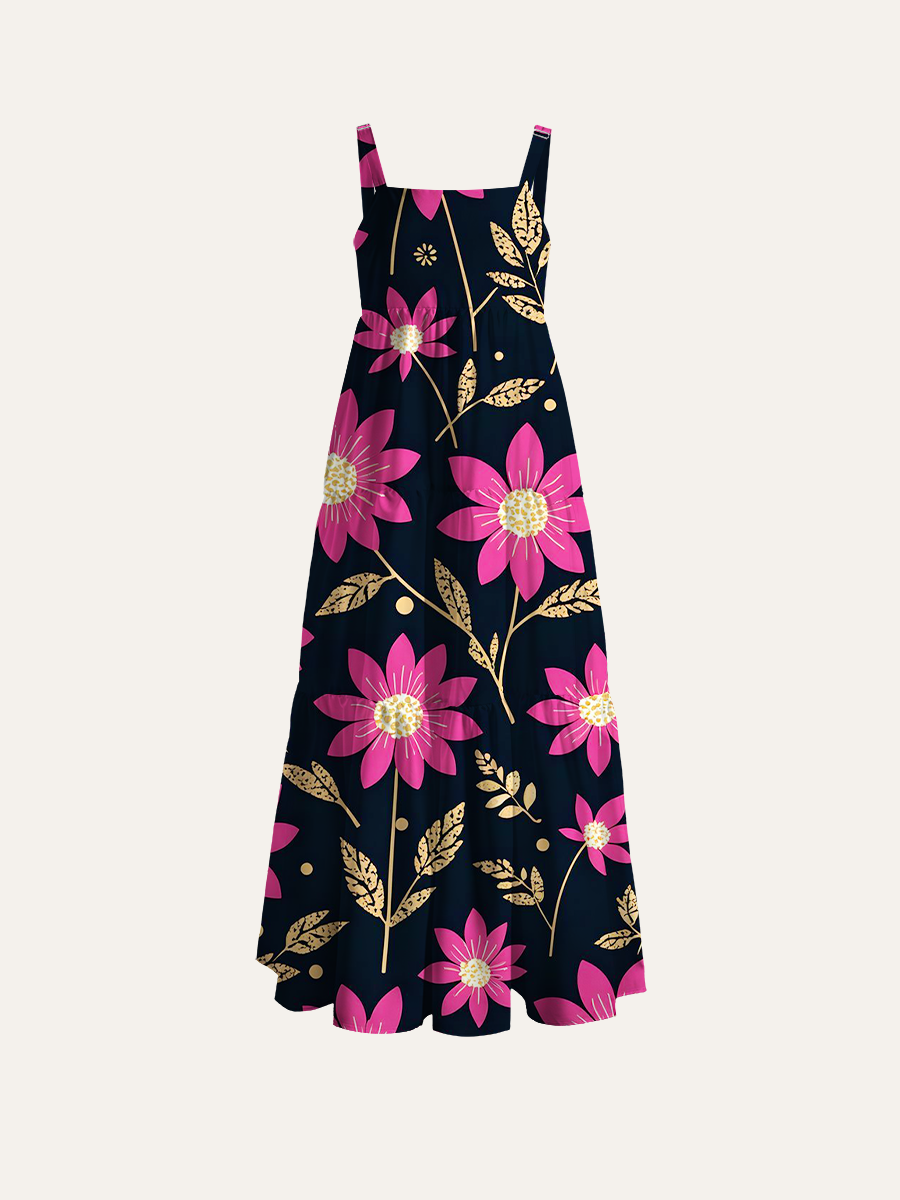 Elegant Pink Daisy Adjustable Wide Straps Maxi Dress