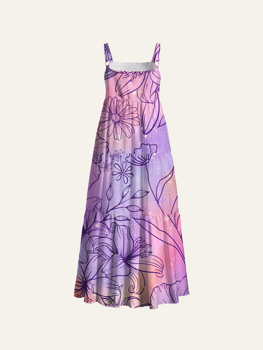 Whimsical Lily & Hibiscus Adjustable Wide Straps Maxi Dress
