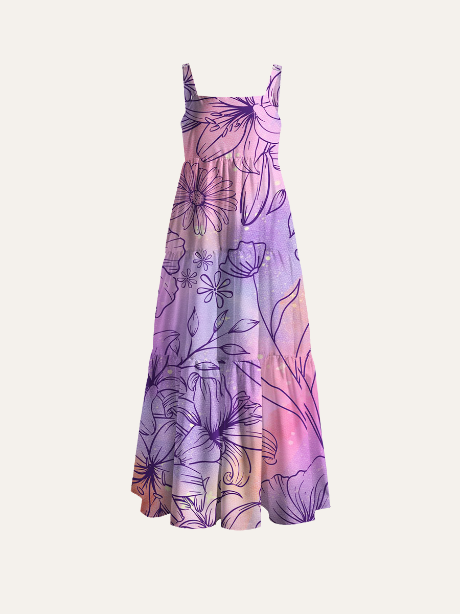 Whimsical Lily & Hibiscus Adjustable Wide Straps Maxi Dress