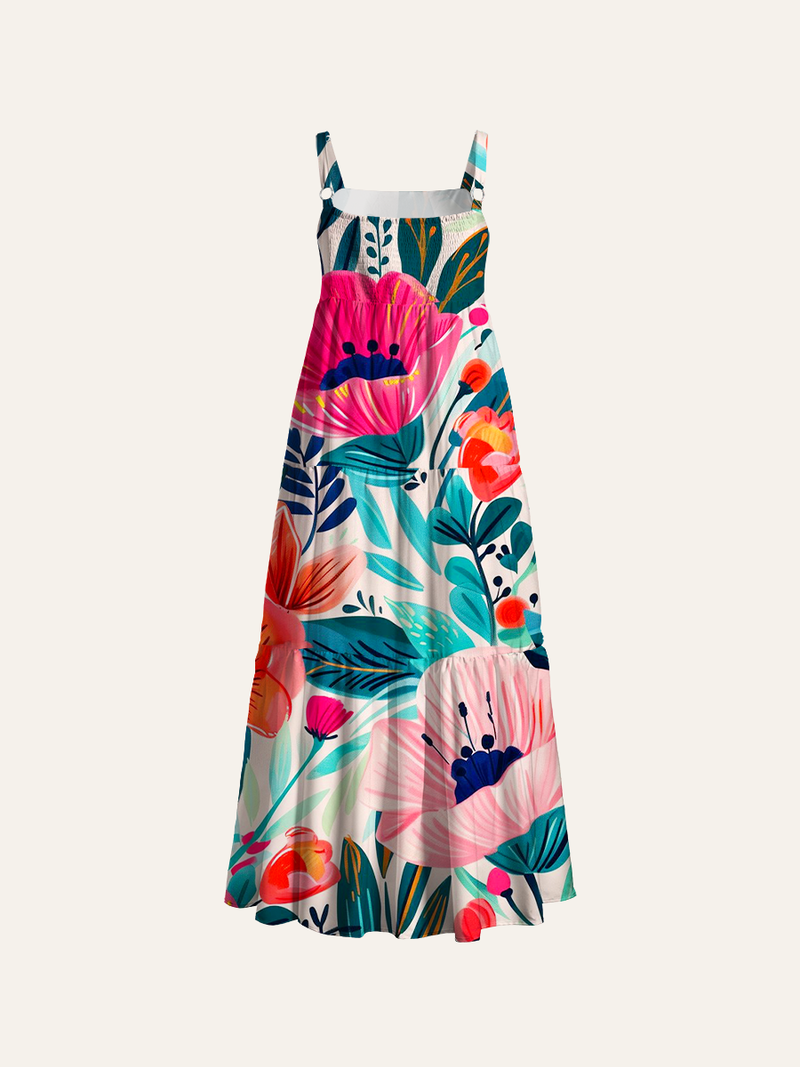 Tropical Watercolor Floral Adjustable Wide Straps Maxi Dress