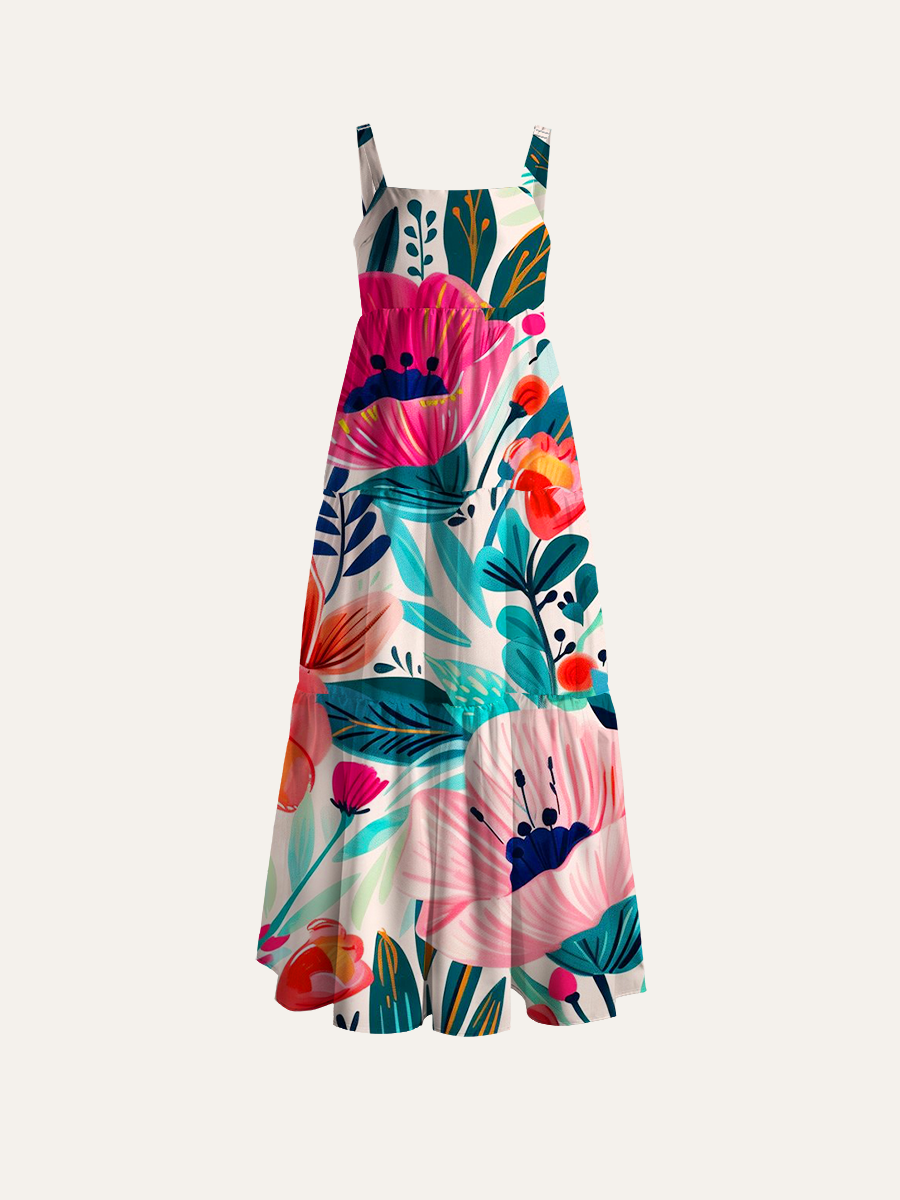 Tropical Watercolor Floral Adjustable Wide Straps Maxi Dress