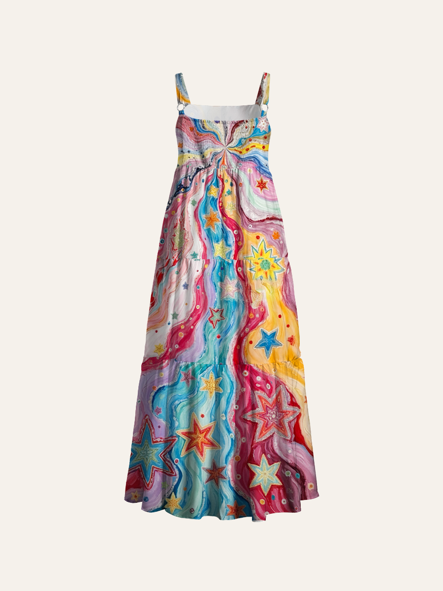 Rainbow Swirl Starry Sky Adjustable Wide Straps Maxi Dress