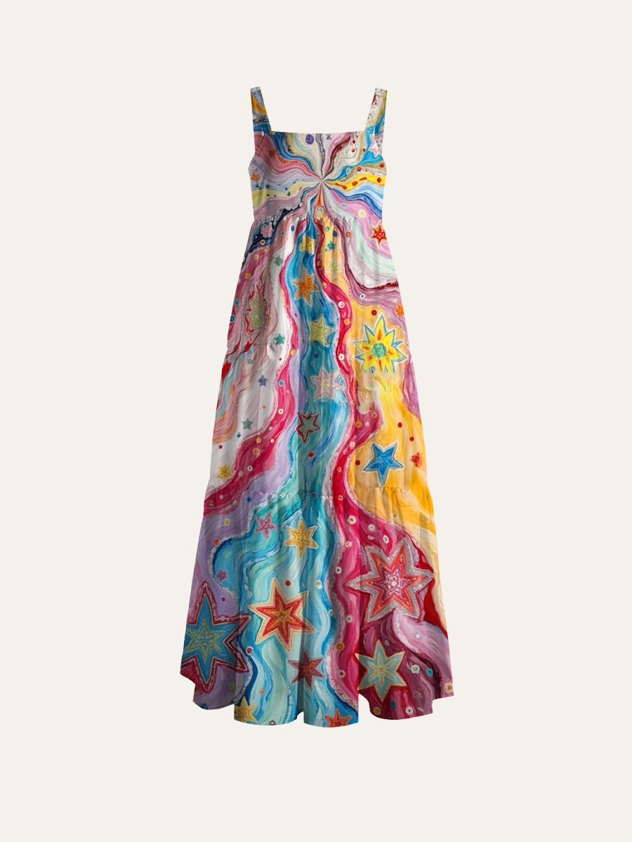 Rainbow Swirl Starry Sky Adjustable Wide Straps Maxi Dress