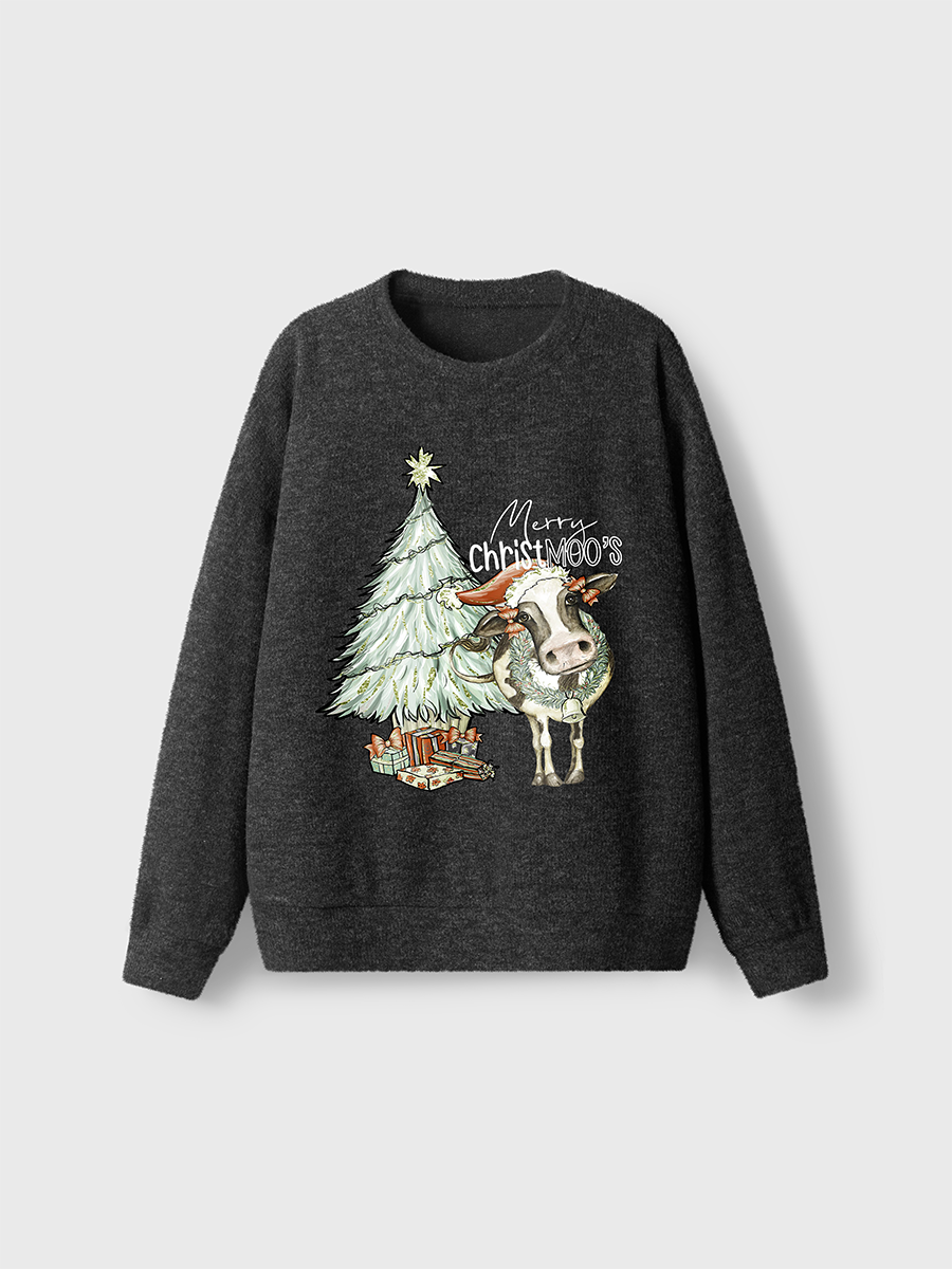Vintage Cute Cow Christmas Fuzzy Sweater