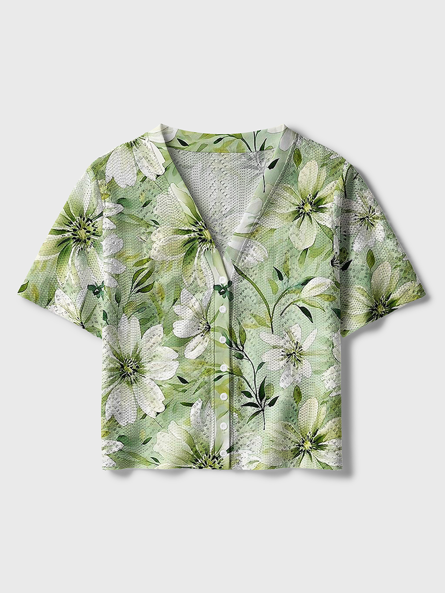 Mint Green Watercolor Daisy Floral Crochet Button Down Cardigan