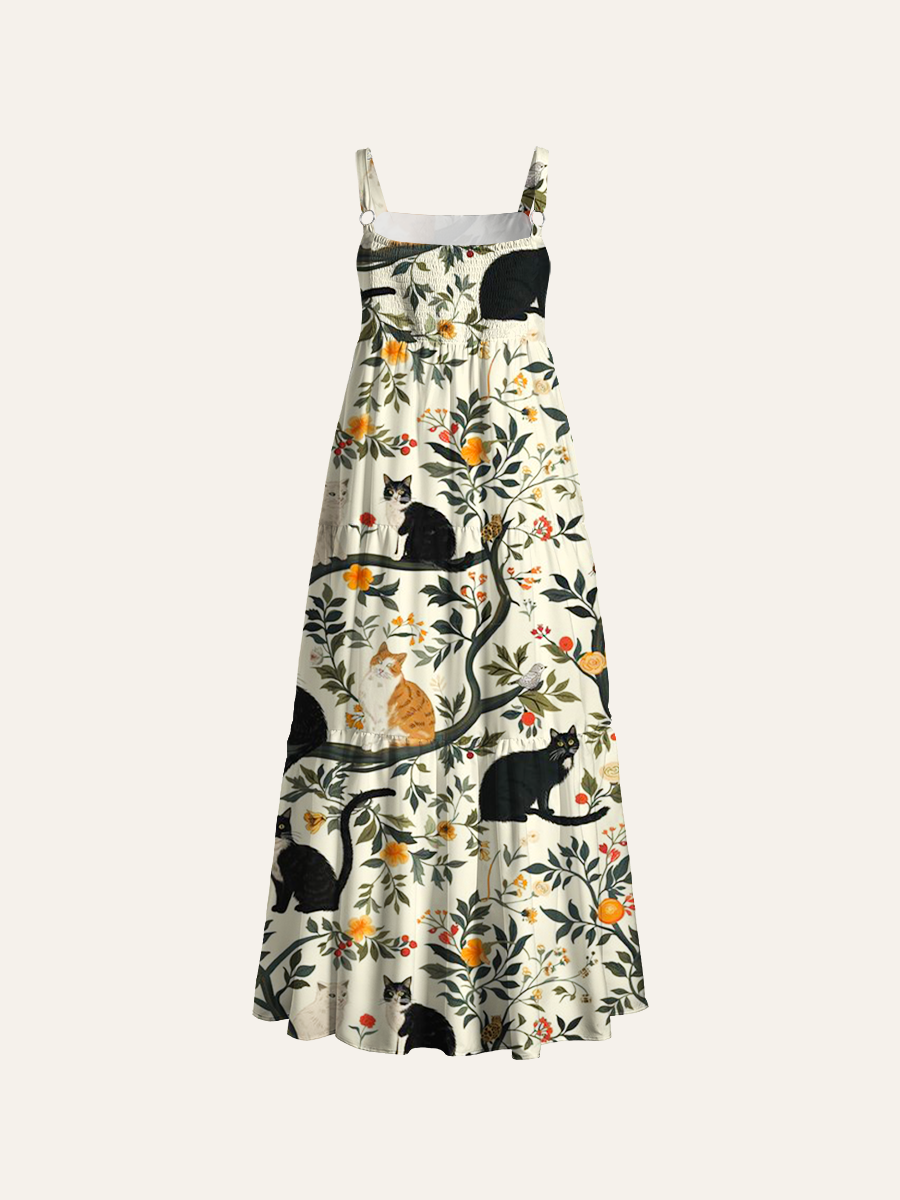 Whimsical Cat Garden Adjustable Wide Straps Maxi Dress