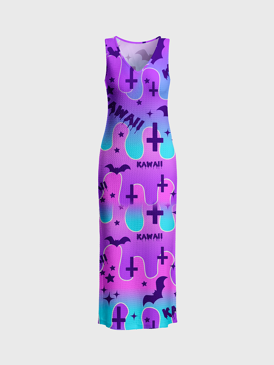 Y2K Kawaii Goth Drip Open Stitch Midi Dress