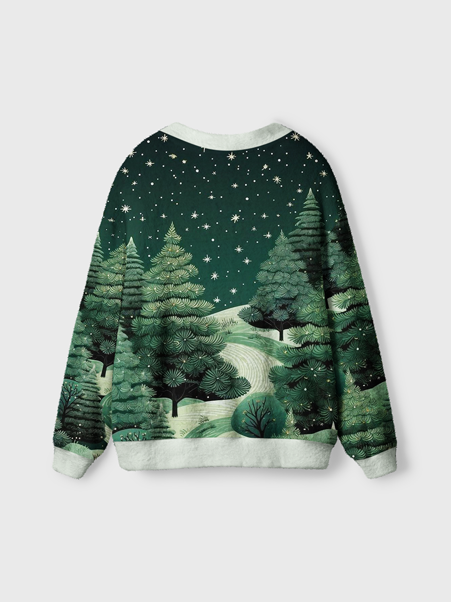 Vintage Dark‑Green Pine Forest Starry Night Cardigan Sweaters