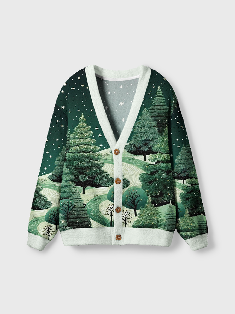 Vintage Dark‑Green Pine Forest Starry Night Cardigan Sweaters