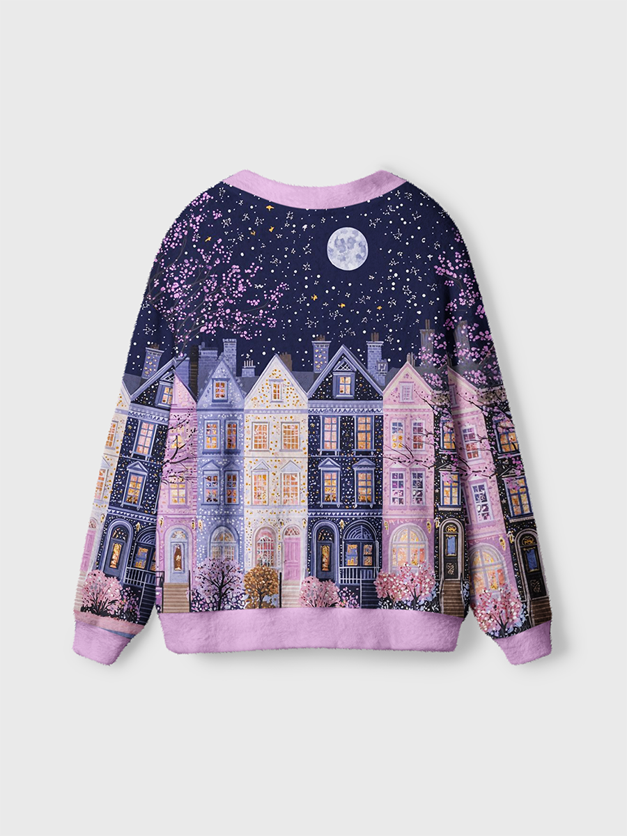Vintage Pastel Townhouses Under Moon And Cherry‑Blossom Night Sky Cardigan Sweaters