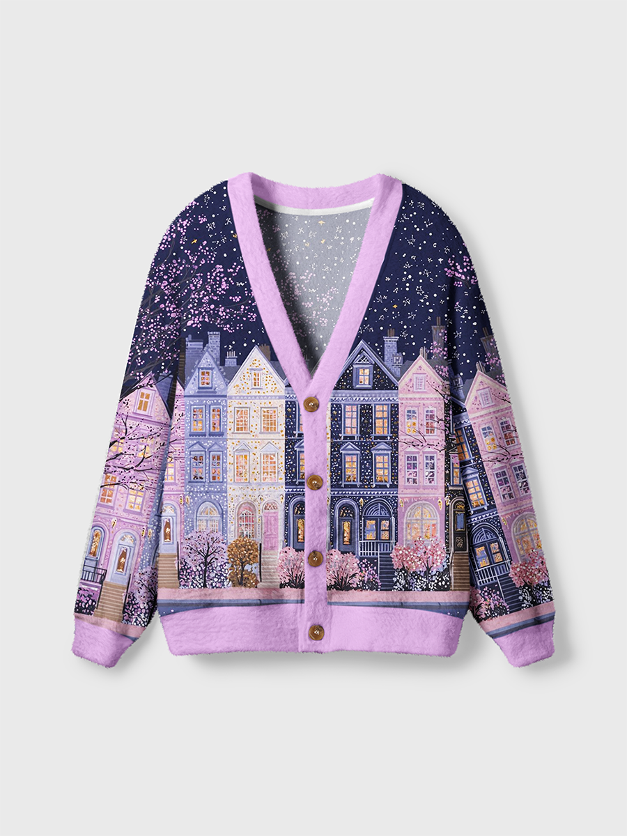 Vintage Pastel Townhouses Under Moon And Cherry‑Blossom Night Sky Cardigan Sweaters