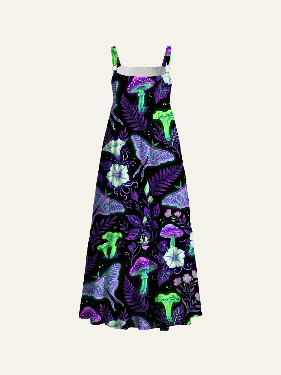 Neon Dark Cottagecore Moth & Mushroom Adjustable Wide Straps Maxi Dress